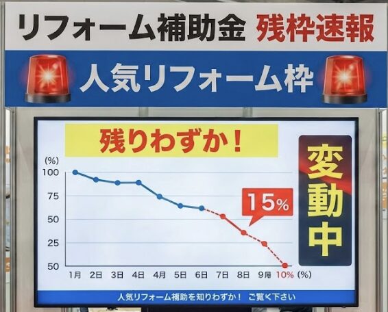 リフォーム補助金は“常に残枠が変動”しています。人気リフォーム枠も限りがあります。