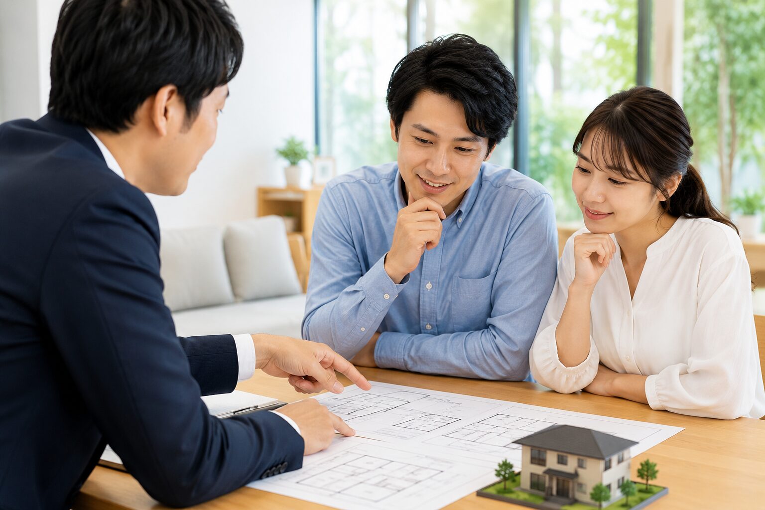 展示場で営業マンから話を聞く夫婦